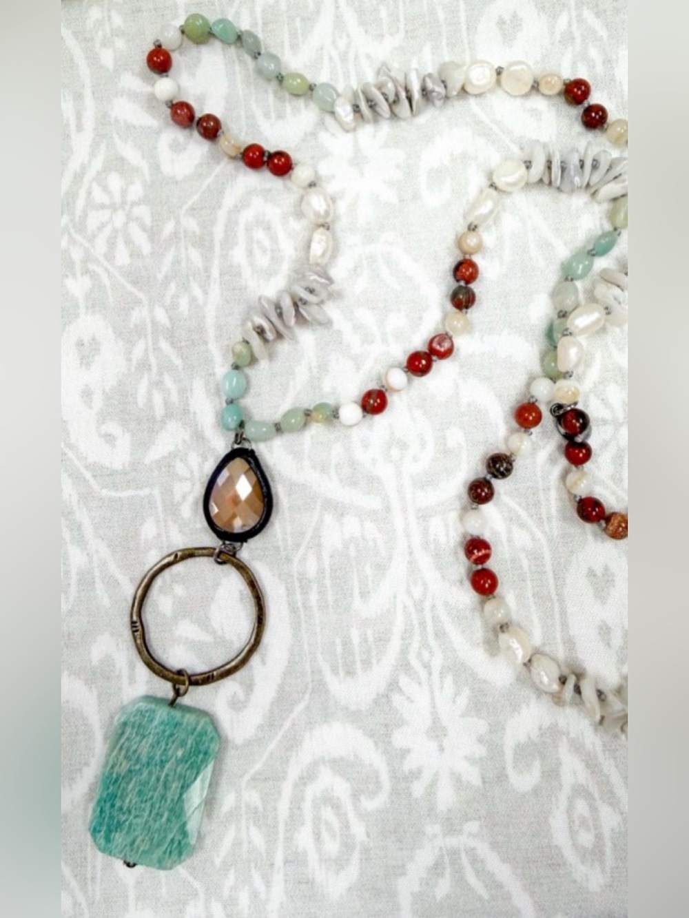 Bohemian Multi‑Bead Pendant Necklace in Mint, Red & Cream